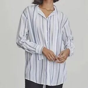 Elizabeth and James Blue and White Striped Shirt with Tie Neck, Size L